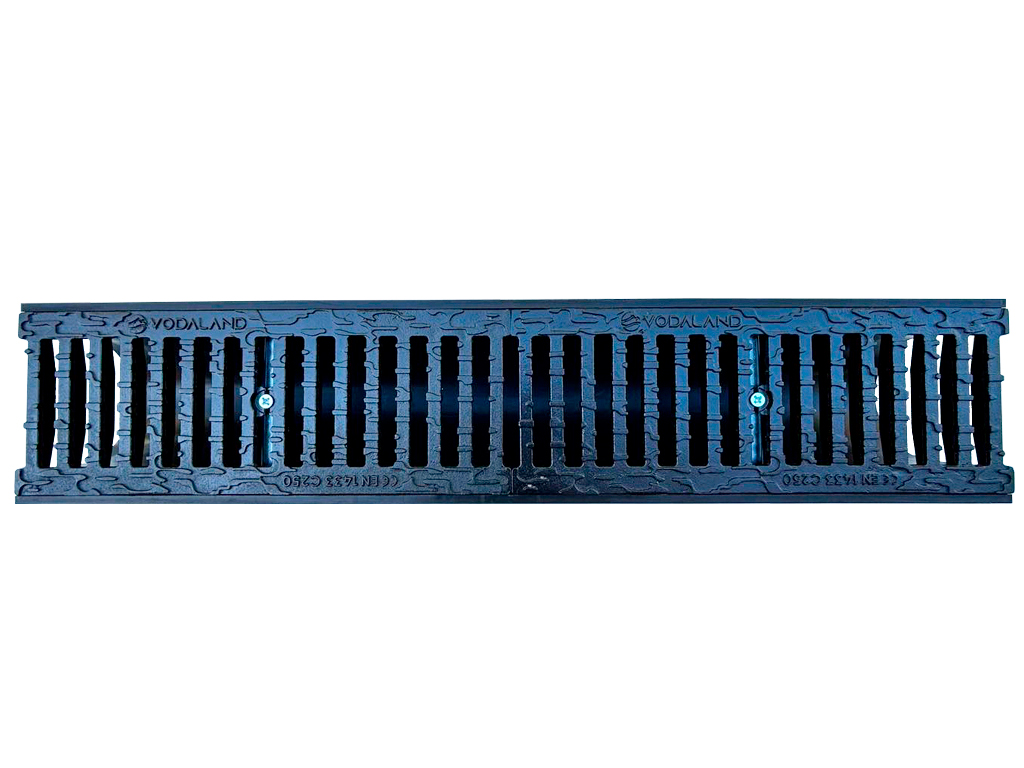 Rigolă din plastic BASE DN150 H200 cu grătare din fontă ductilă în fante clasa de sarcini C250 (1000x206xH200mm)